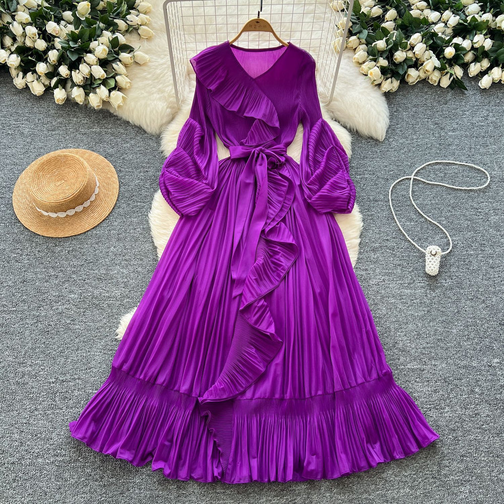 French style socialite issey miyake pleated v-neck long sleeve tie-waist ruffle hem maxi dress - elegant women's flowing dress