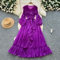 French style socialite issey miyake pleated v-neck long sleeve tie-waist ruffle hem maxi dress - elegant women's flowing dress