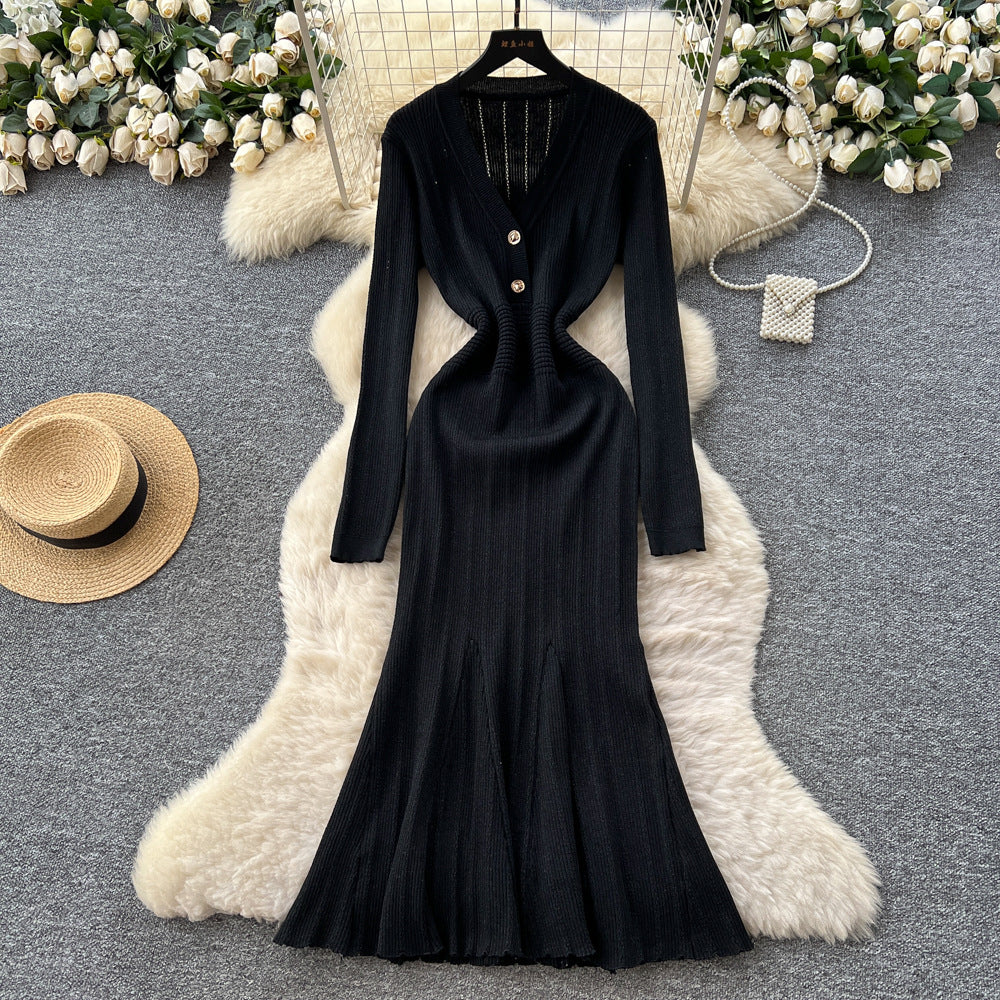 Celebrity niche styleclassy sense v neck two capsules button long sleeves waist knittingdress female autum inner wear sweater long skirt