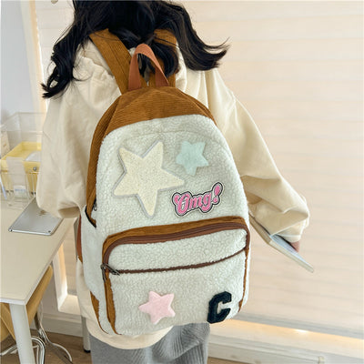 2025 new lambswool patchwork spring outing backpack - cute korean style student backpack, fresh and sweet plush women's bag