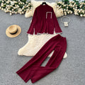 Women's sweater set - autumn/winter loose fit fashion color block crew neck long sleeve knit top & high waist wide leg pants two-piece outfit