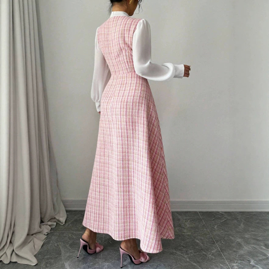 european and american new arrival: pink-toned vertical stripe chanel-inspired maxi dress with stand collar, chiffon bubble long sleeves, and pearl button detail
