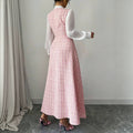 european and american new arrival: pink-toned vertical stripe chanel-inspired maxi dress with stand collar, chiffon bubble long sleeves, and pearl button detail