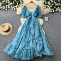French fairy style puff sleeve floral dress women's summer korean style cinched waist ruffle hem vacation maxi dress - elegant