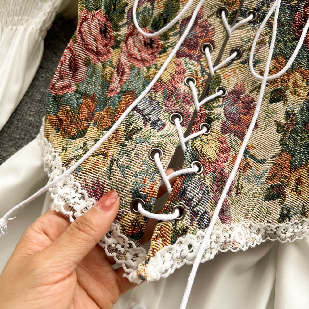 spring/summer new arrival: designer retro floral tie-up vest overdress, midi a-line puff shirt dress