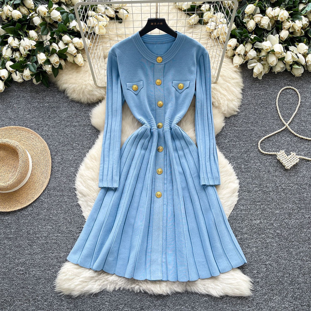 Classysense niche stylefrenchretro metal buckle waist slimming look round neck long sleevessweaterdress women's bottom long skirt