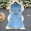Classysense niche stylefrenchretro metal buckle waist slimming look round neck long sleevessweaterdress women's bottom long skirt