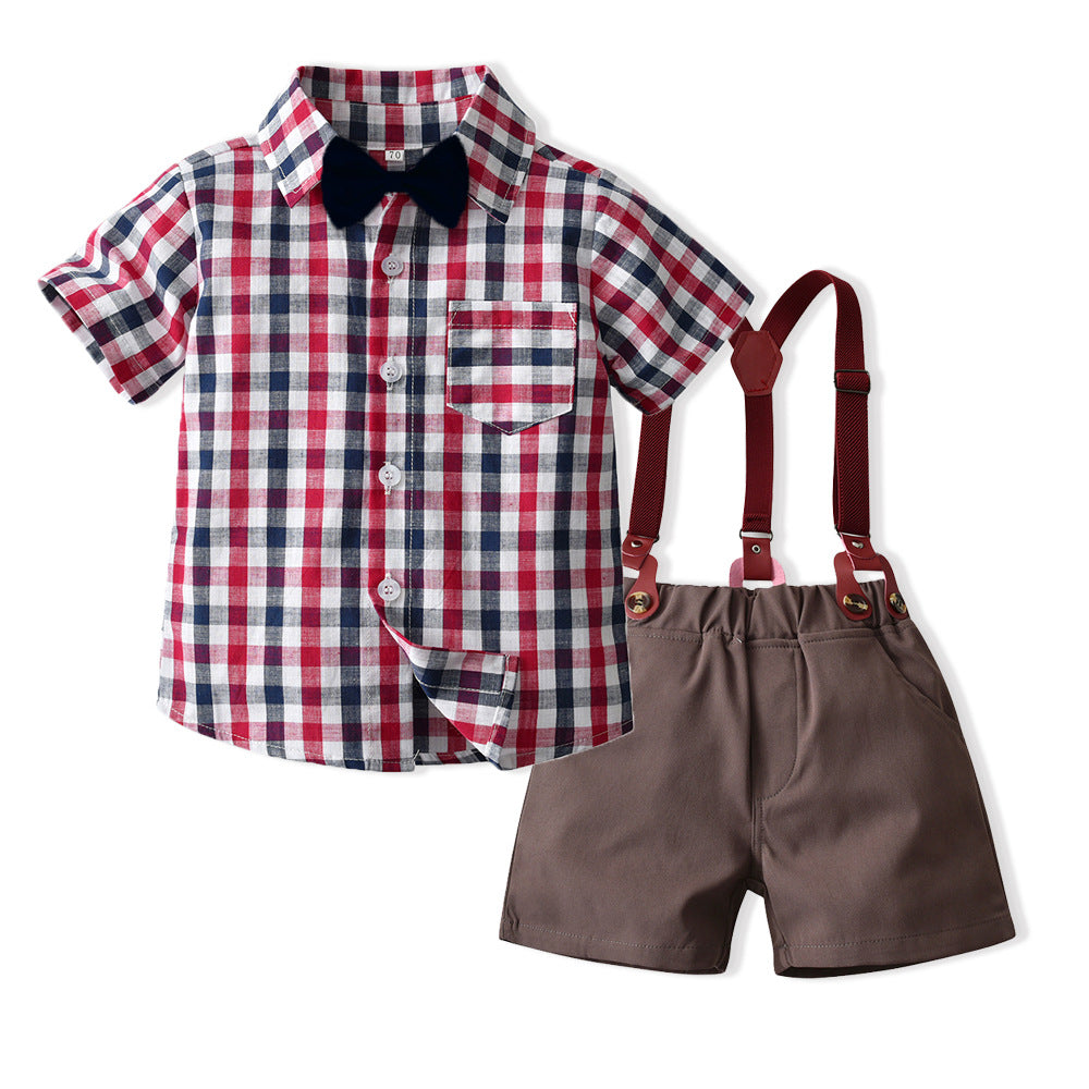 Export hot batch british baby autumn suit children's clothing short-sleeved shirt overalls two-piece set dropshipping kids dress