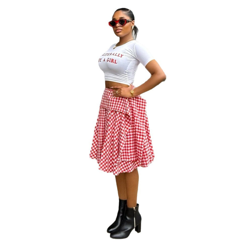 European and american cross-border women's fashion:  summer new arrivals - high-waisted, slimming, asymmetrical plaid midi skirt with unique design