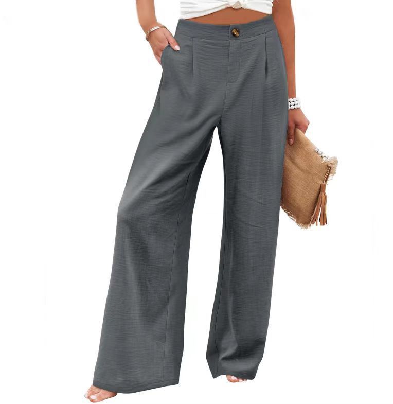 cross-border  fashion summer plaidhigh waistpants button elastic waist loose pants women's casual straight-leg pants