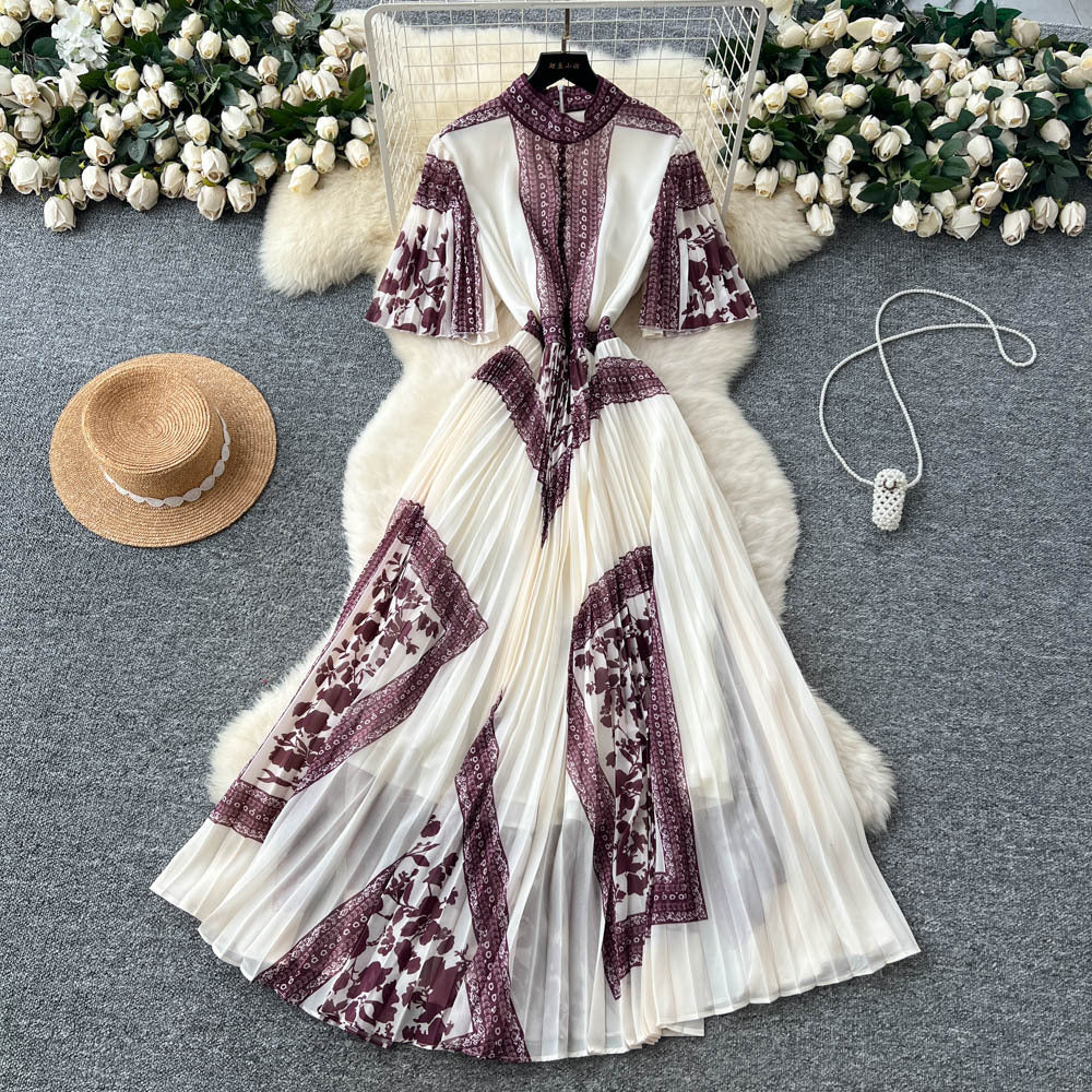 French court style printed dress - women's summer pleated stand collar slimming design, exquisite and stunning maxi dress