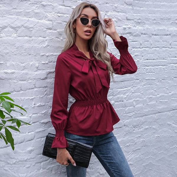 Yanxuan Independent Station Cross-border European and American Black Shirt Scarf Collar Solid Color Slim-fit Waist Flared Sleeve Top Women