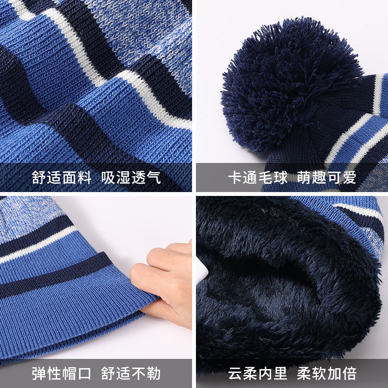 Aozhe, children's autumn and winter wool hats, boys and girls striped hairball warm knitted hats, European and American Christmas gifts