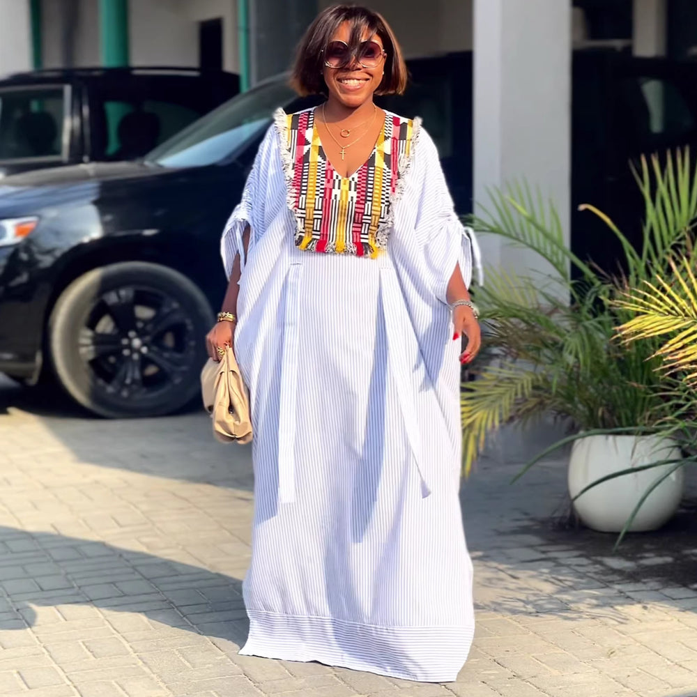 European and american cross-border women's clothing  summer new arrival: african plus size patchwork v-neck loose striped maxi dress