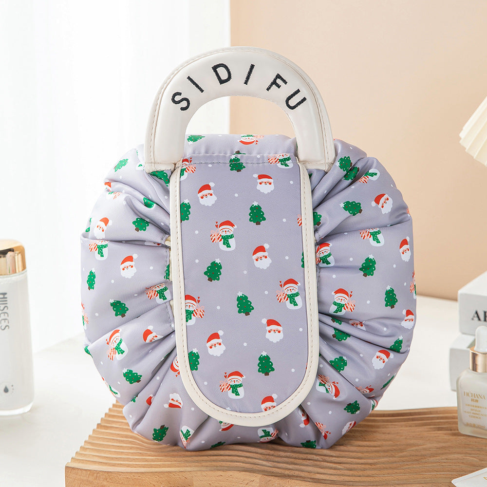 Printed Lazy Cosmetic Bag Twill Drawstring Storage Bag Large Capacity Portable Bundle Mouth Bag Travel Christmas Wash Bag
