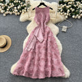 High-end elegant women's dress -  summer french style, heavily embellished 3d floral, cinched waist, sleeveless evening gown maxi dress