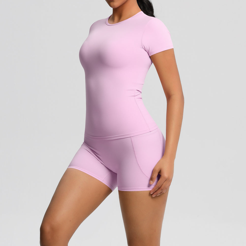 New arrival cross-border fashionpure color double-sided nylon brushed short-sleeved yoga suit sports running fitness two-piece set