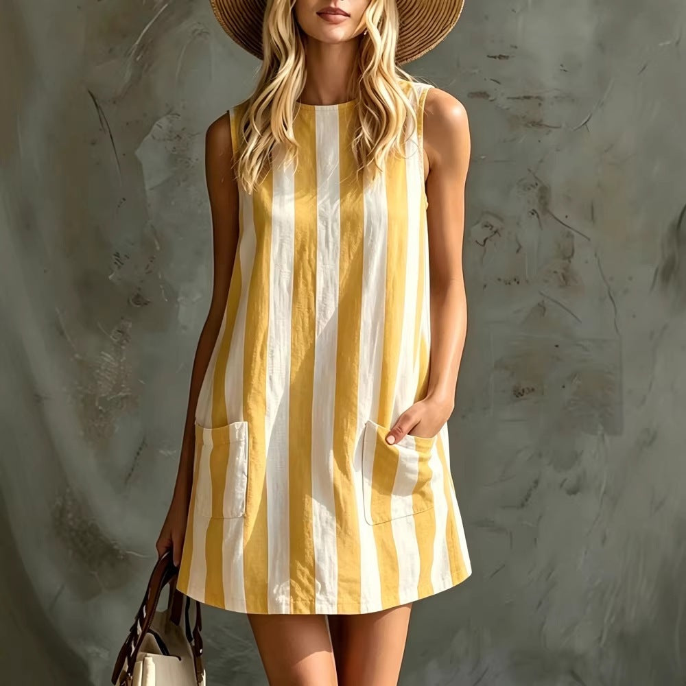 New european and american  fashion retro striped sleeveless crew neck cotton linen mini dress