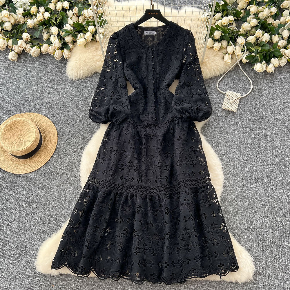 High-end fashion dress women's  spring new french style cinched waist slimming hollow-out crochet lace ruffle hem maxi dress