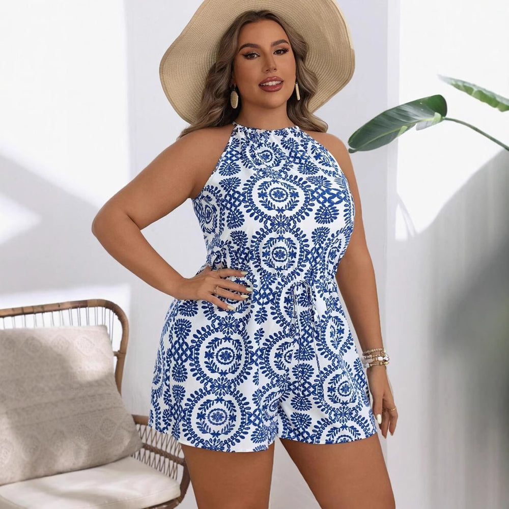 Ready-to-ship, plus-size women's jumpsuit for cross-border e-commerce. summer  european and american hot style: minimalist print, open-back design