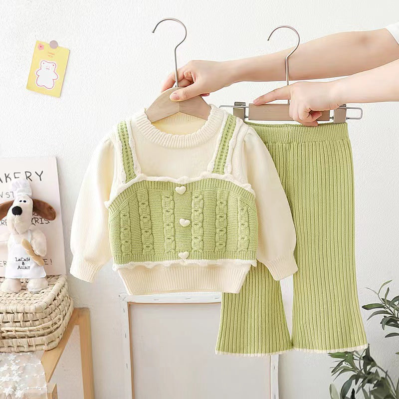 Girls' knit sweater set - new  collection: handmade flower pom-pom detail, includes pants