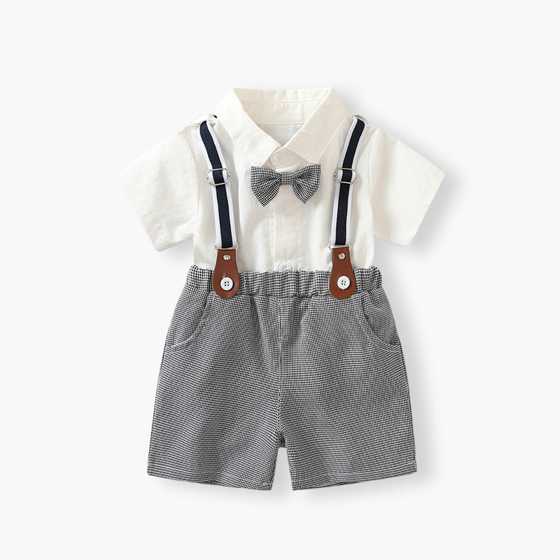 Korean style boys' formal wear  summer new collection: gentleman's two-piece outfit - white short-sleeve shirt and shorts set for special occasions