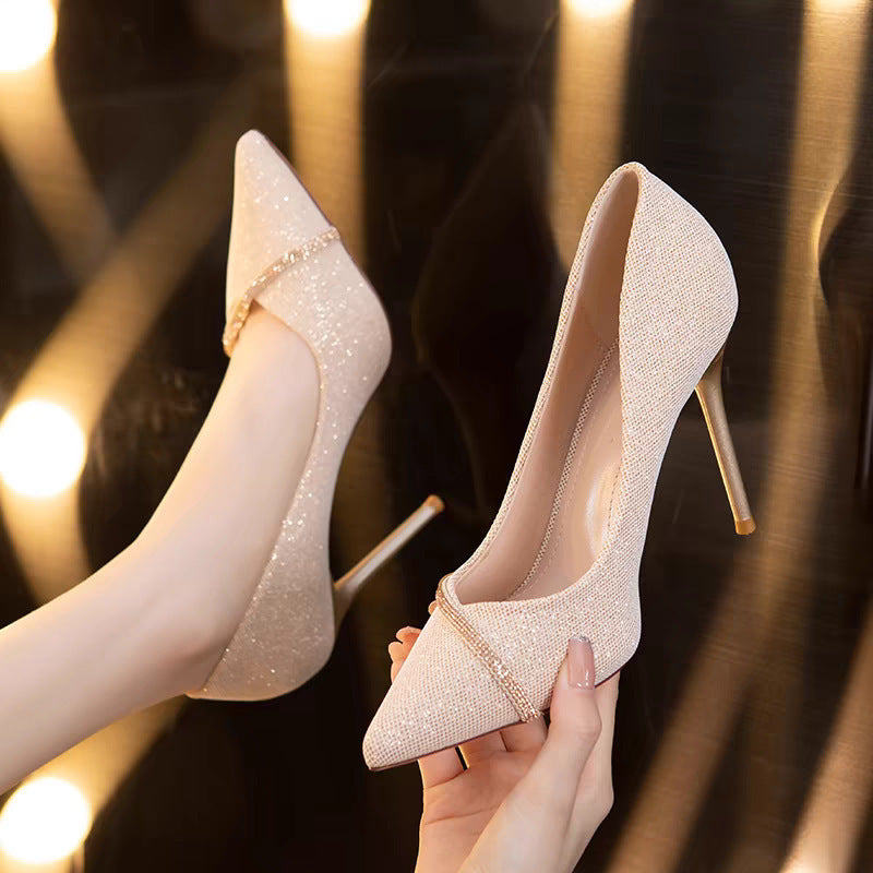 French chic high heels for women, spring/autumn 2024 collection: pointed-toe stilettos with rhinestone embellishments, premium fashion pumps