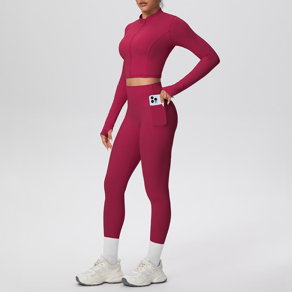 Ready-to-ship cross-border solid color brushed micro-fleece short jacket & leggings set - tight fit, pocketed, perfect for running, fitness, and yoga