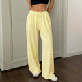fashion light yellow casual loose pants high waist drawstring draped mop pants thin plaid
