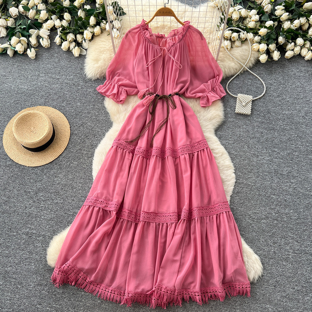 French red puff sleeve commuter short-sleeve dress - women's summer slimming a-line tassel cake dress