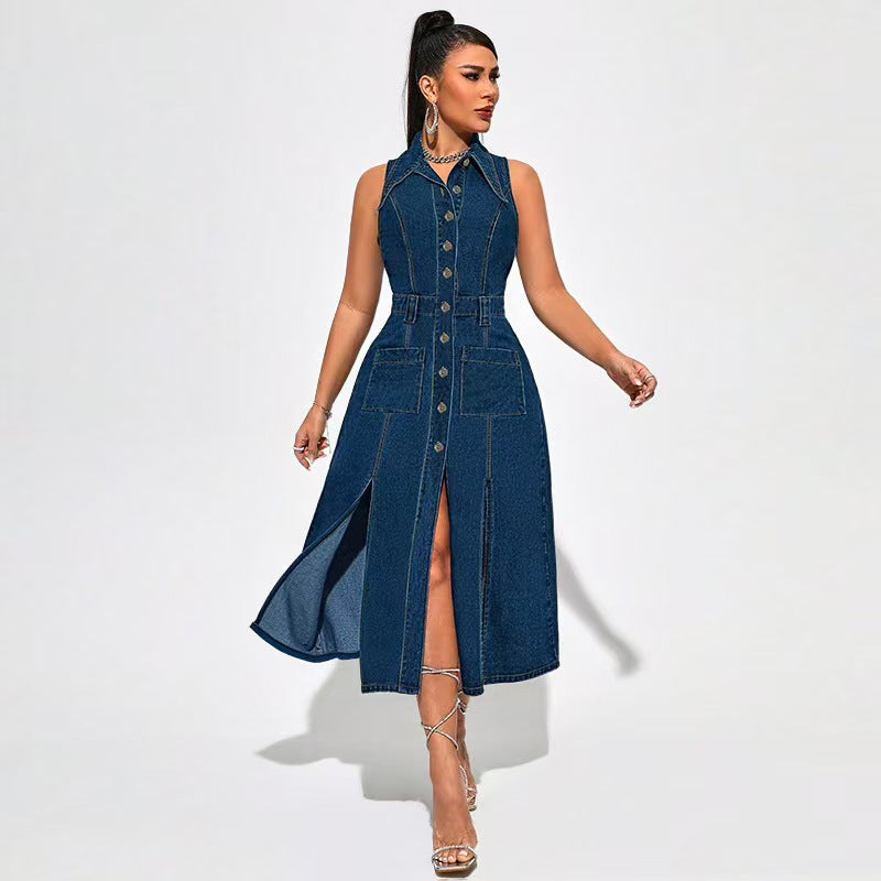 Amazon independent station  cross-border women's denim dress fashion sleeveless slit long dress women