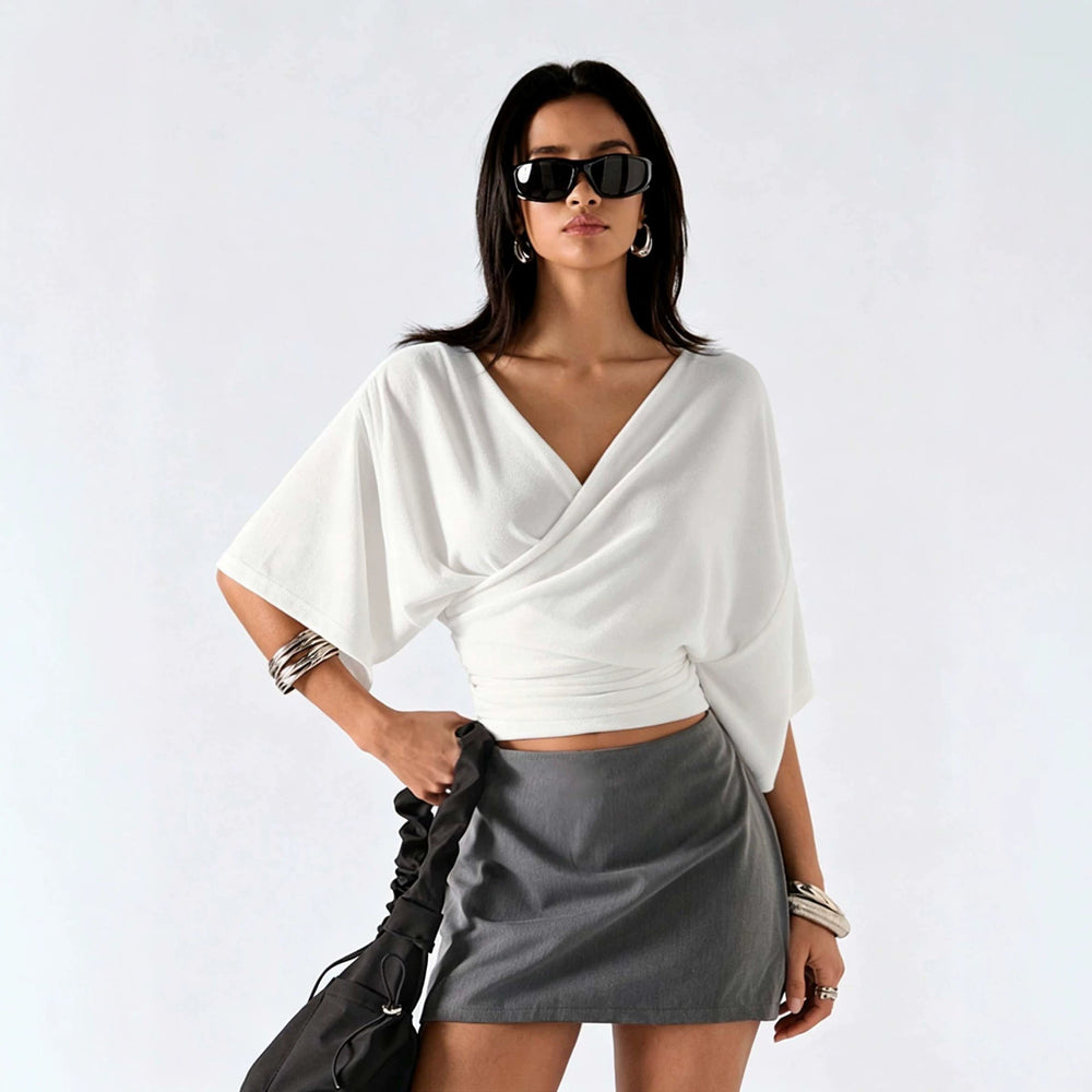French-style criss-cross v-neck batwing sleeve top - women's slimming, ruched, and figure-flattering t-shirt for a chic and gentle commute
