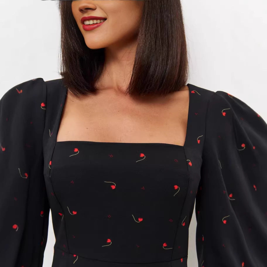 Amazon fashion  spring gentle wind loosetie back small cherry printingsatindresslong sleeves