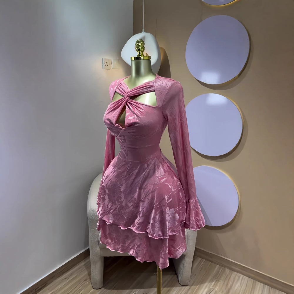 European and american cross-border chic women's spring  new solid color long sleeve crisscross bandeau bodycon mini dress