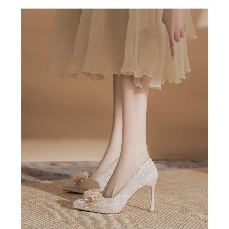 2025 new french champagne rhinestone floral platform heels - women's petite high heels for weddings and special occasions