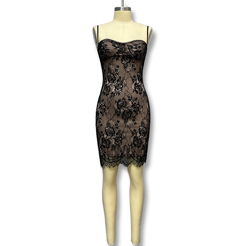 spring new european and american style women's lace trim camisole dress, slim fit bodycon dress,  foreign trade
