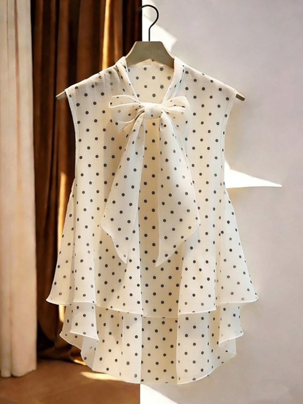 new european and american sleeveless chiffon polka dot blouse - women's vest style, chic tie-up bow shirt