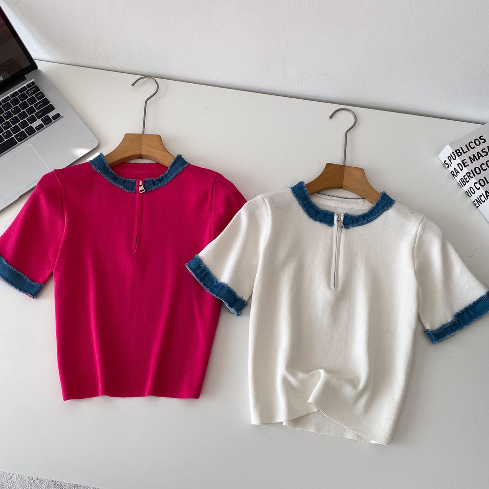 Korean style color block knit top - women's summer short sleeve crew neck half-zip cardigan - versatile, trendy, and designer-inspired top