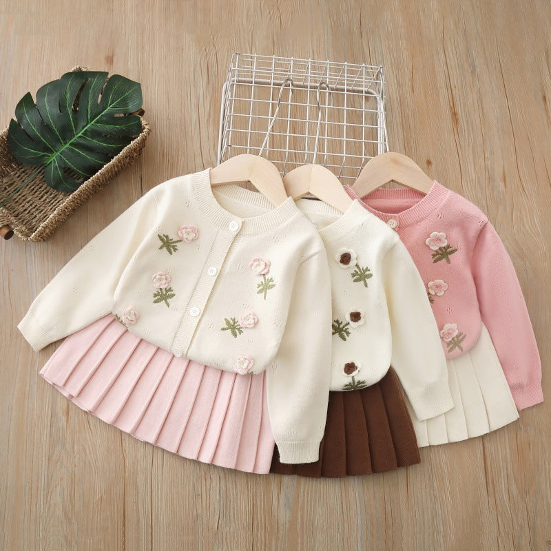 Girls' cardigan set - new autumn  collection: handmade floral knit sweater dress set for girls, kids' sweater outfit