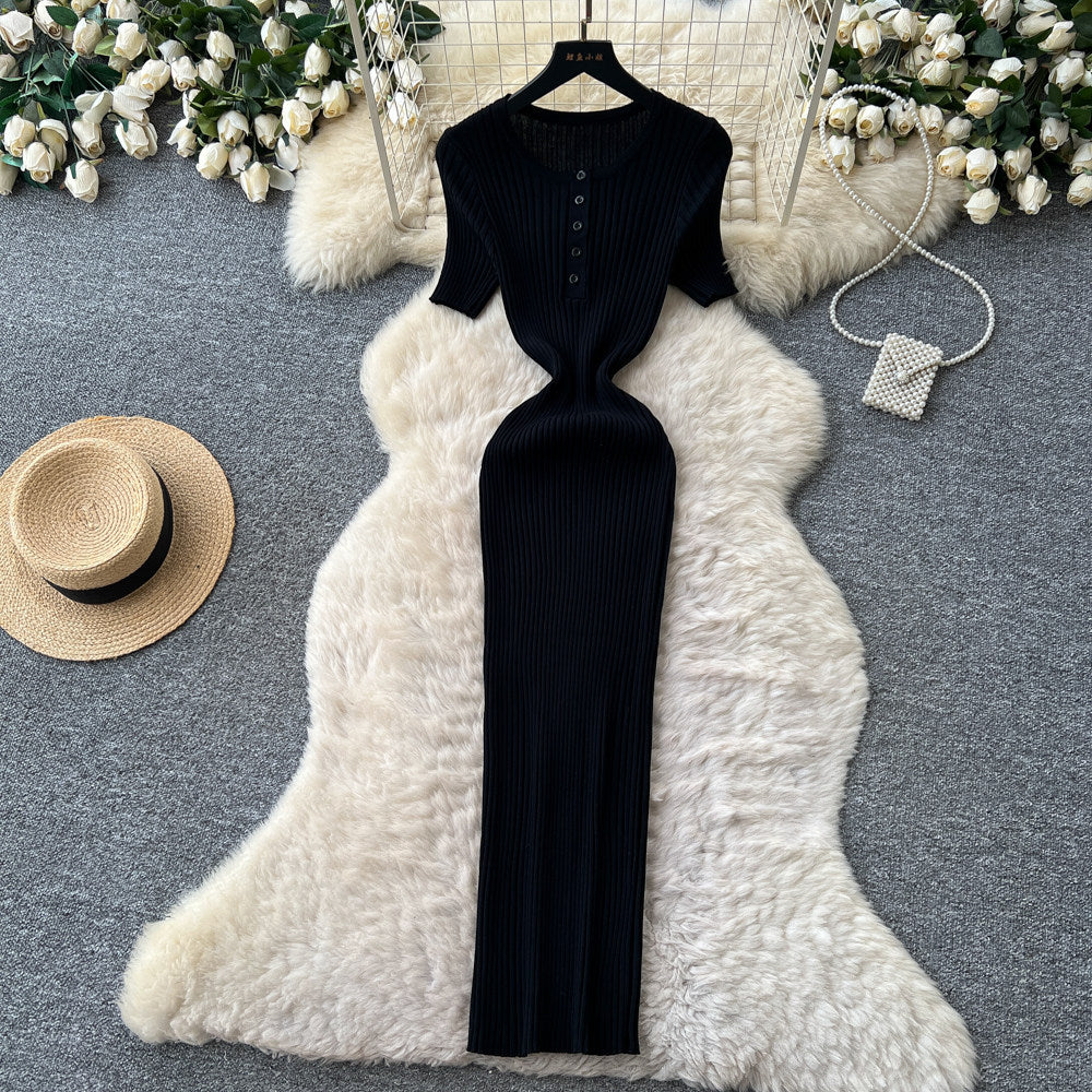 K-styleknittingcasual pure desire style dress women's summer short-sleeved waist silm a-line long skirt light mature elegance style