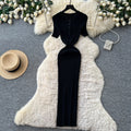 K-styleknittingcasual pure desire style dress women's summer short-sleeved waist silm a-line long skirt light mature elegance style