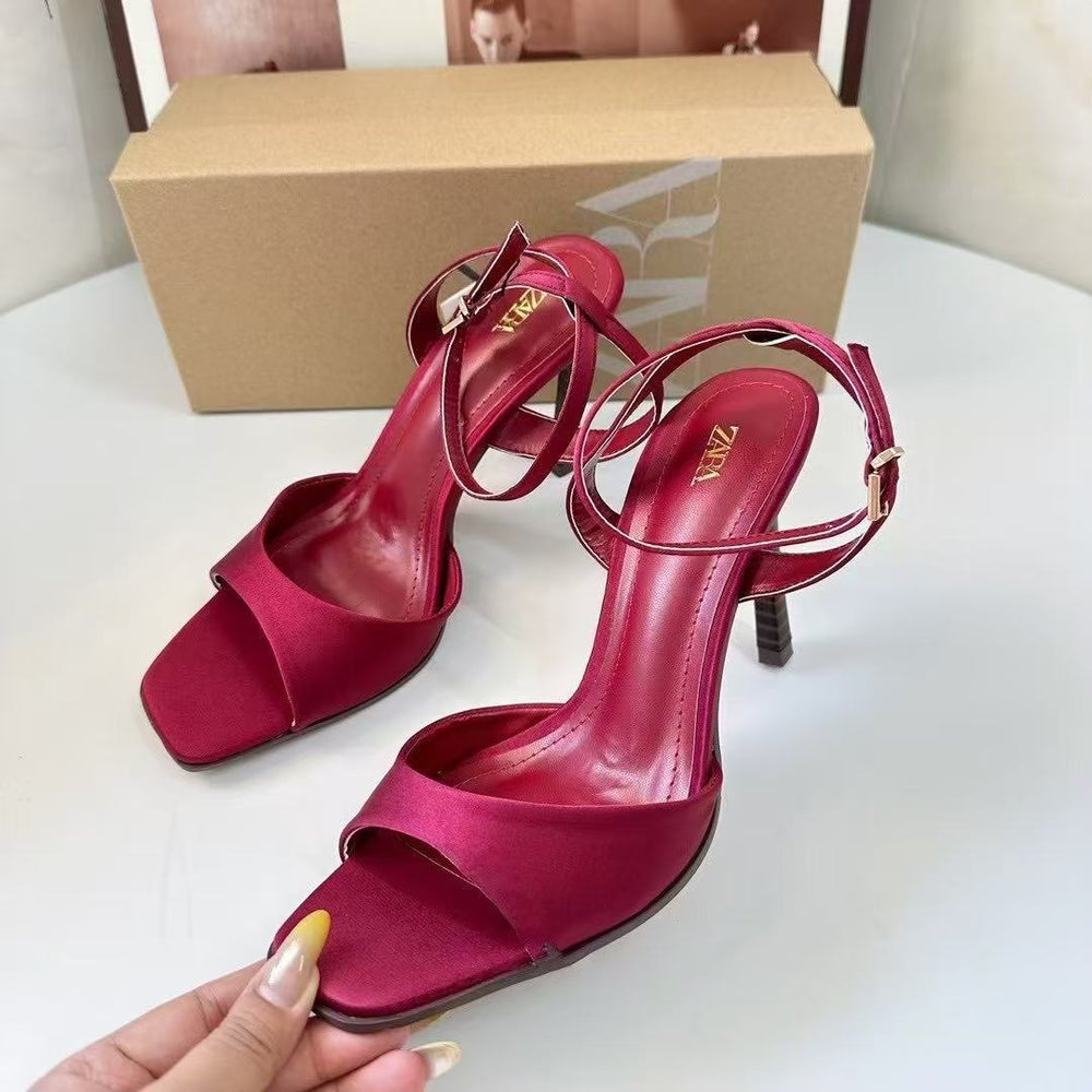 Za 2025new arrivalfashioneasiest for match square toe back hollow one strap high thin heel women's shoes tweed style women's shoes