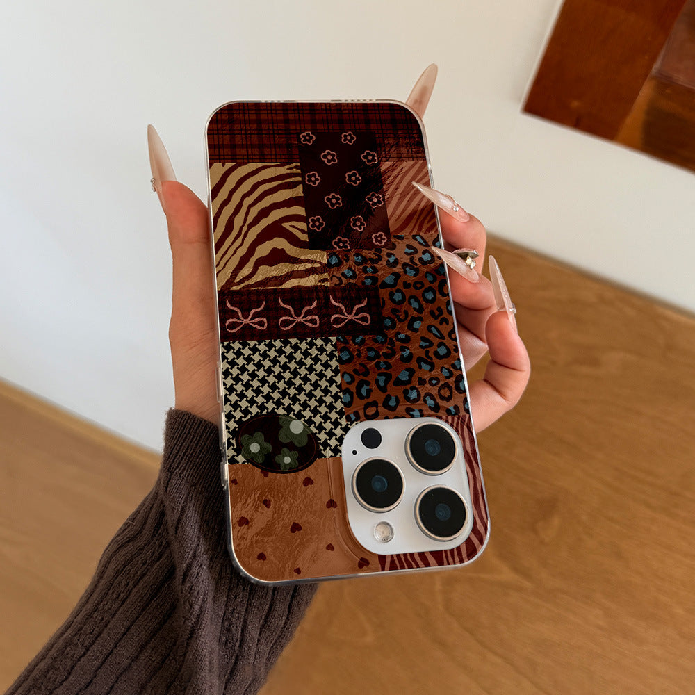 Retro patchwork leopard print mobile phone case suitable for iphone17promax apple 16/15/14 anti-fall soft case wholesale