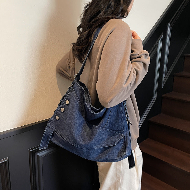 Cross-border retro denim large-capacity bag women's 2025 new casual shoulder messenger bag commuter tote bag