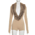women's sexy nightclub style new arrivalpure colorsexy fur collar deep v long sleeves tight hip-covering one-piece shorts