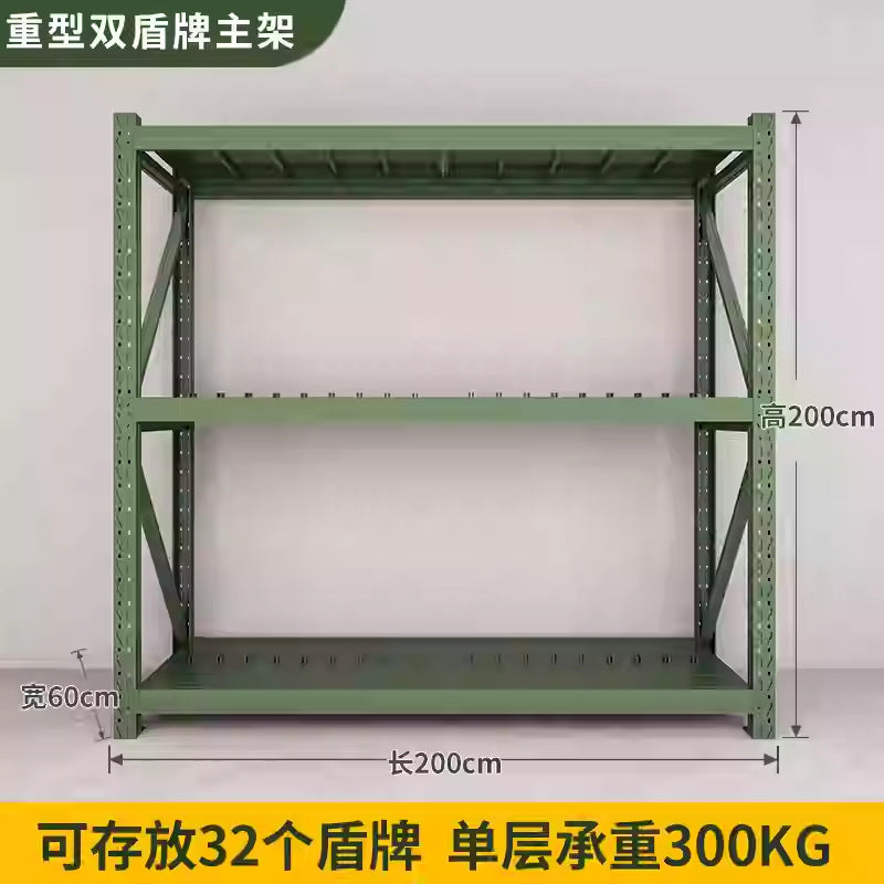Army green shield, shovel, iron pick, material, barracks, security, combat readiness, warehouse, armed forces equipment, thickened storage shelves