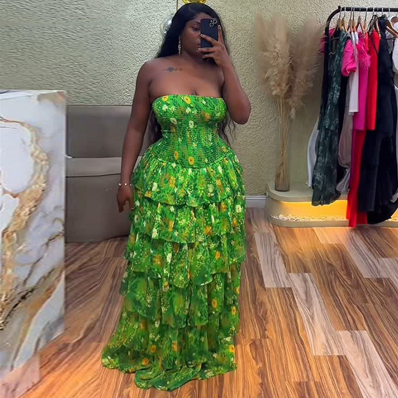 European and american cross-border women's fashion  summer new collection: fresh & chic vacation strapless printed ruffle tiered cake dress