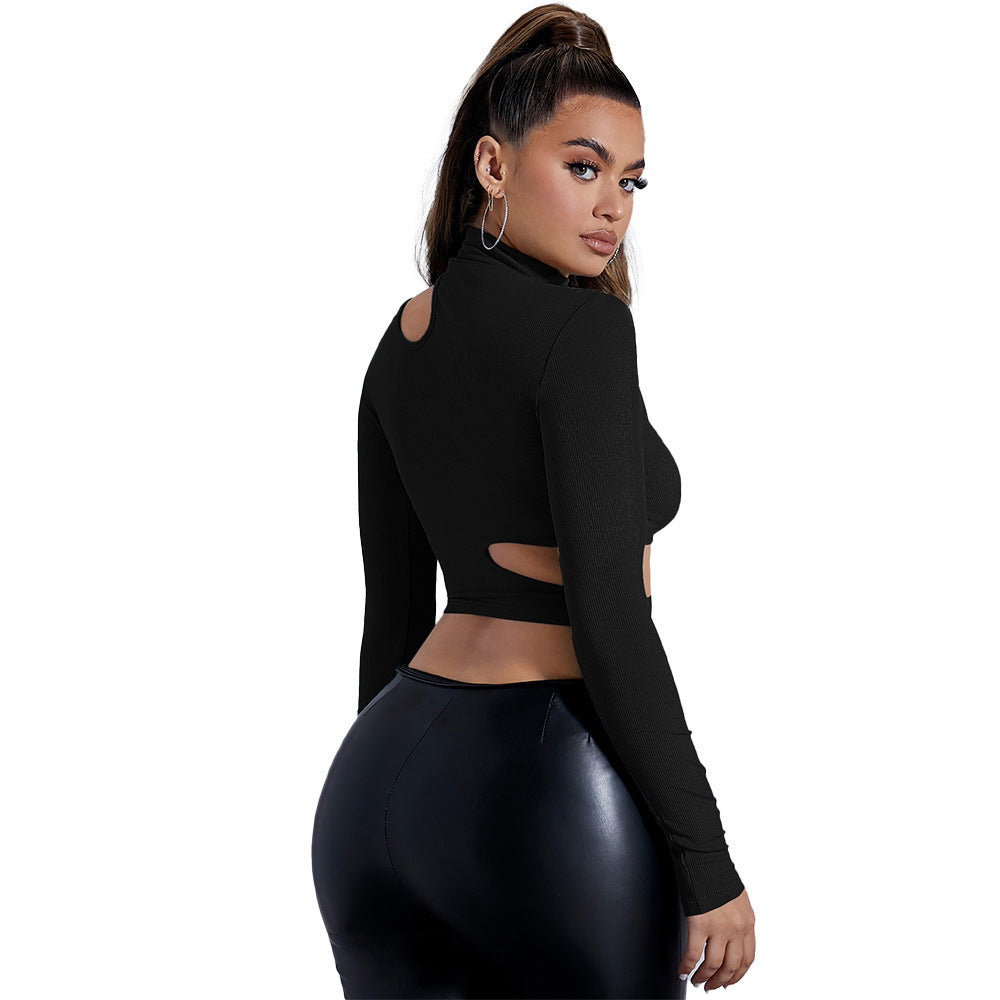 Cross-border women's clothing Europe and America 2024 autumn and winter semi-turtleneck black long-sleeved sexy T-shirt short tights