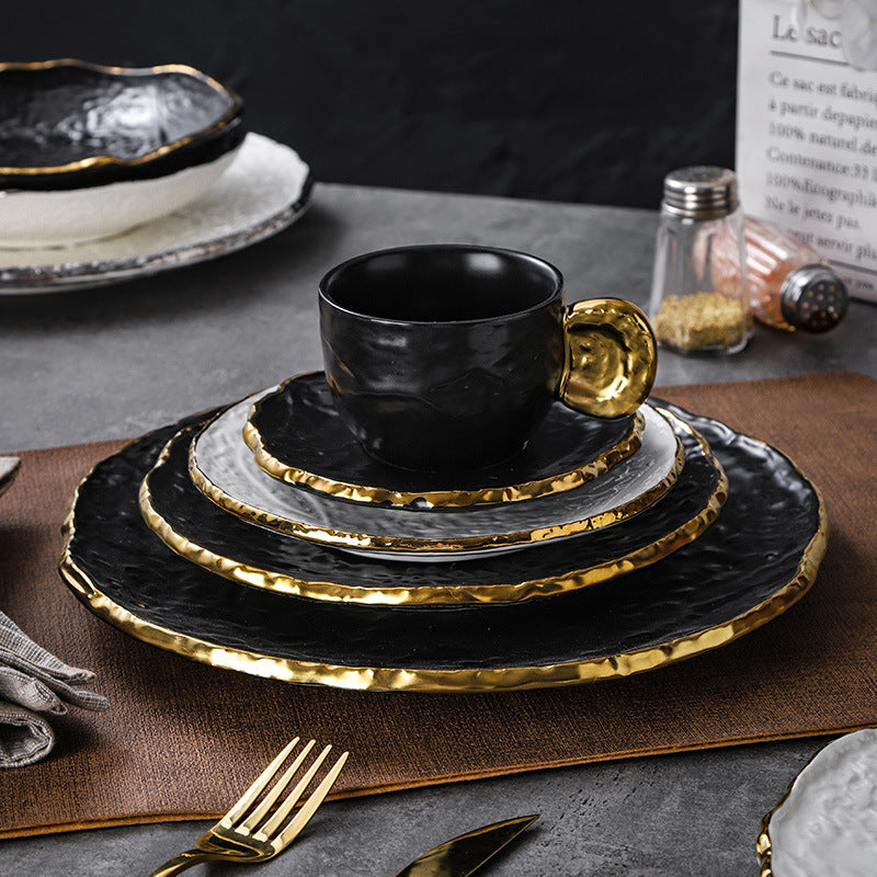 Luxury retro-style irregular ceramic dinnerware set with embossed gold trim – perfect for home, restaurant, and hotel table settings
