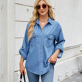 European and american cross-border foreign trade spring and summer women's clothing  independent station washed adjustable sleeve denim shirt loosetops